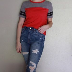 PINK Victoria's Secret Red and Gray Short Sleeve Tee